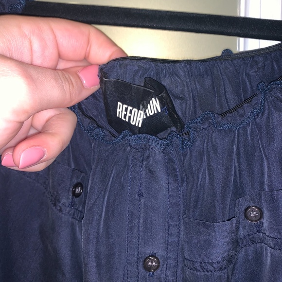 Reformation Off the Shoulder Navy Silk Top - Picture 3 of 3